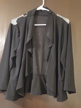 Nina Leonard shrug Black with faux pearls  sheer in back XL